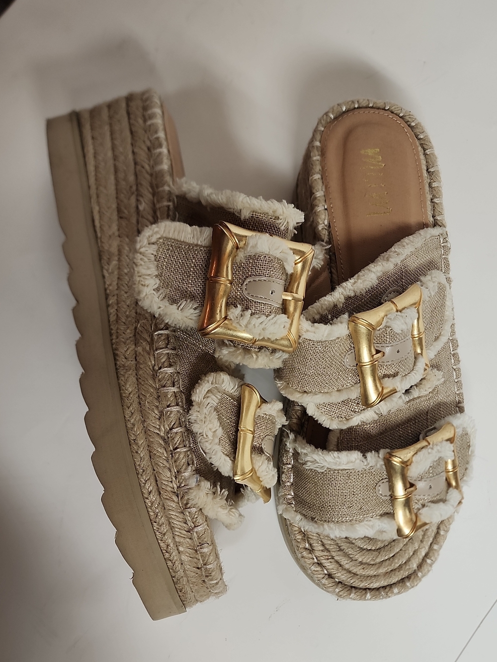 Mi.iM Woven Platform Slide Sandals with Gold Buckles - Beige  Comfortable Sz 8.5
